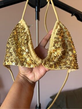 Gold Sequin Triangle Bikini Top Vintage Victoria Secret